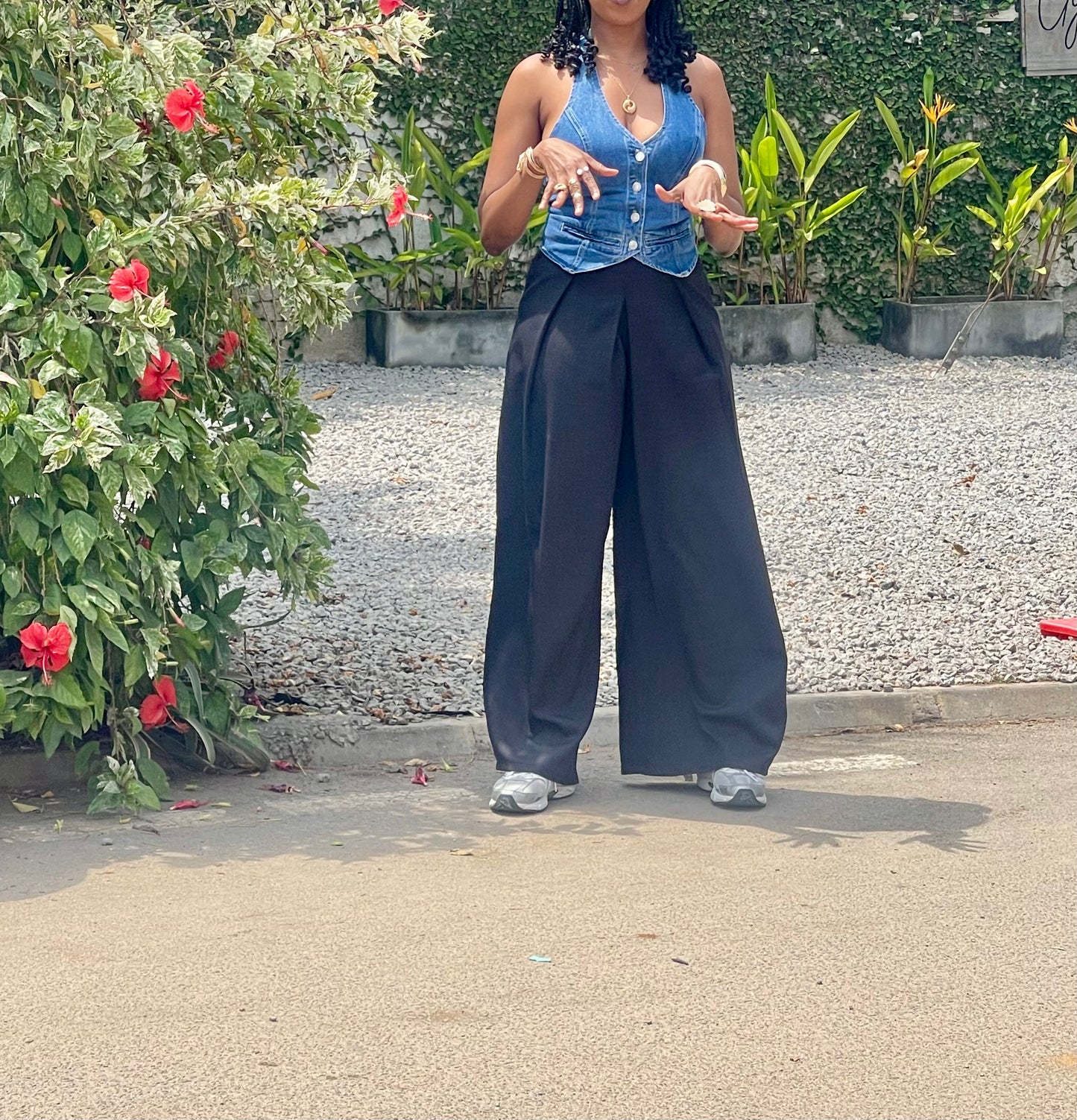 Pantalon large effet lin