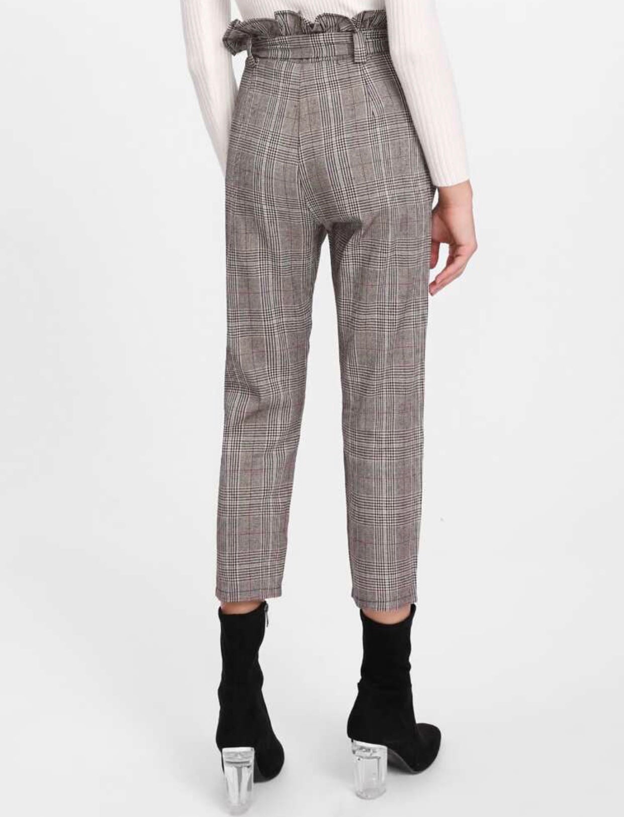 Pantalon taille ruchée à carreaux avec lacet