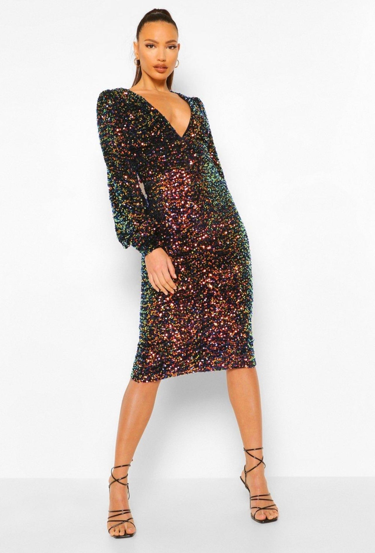 Robe paillettes mi-longue à manches ballon
