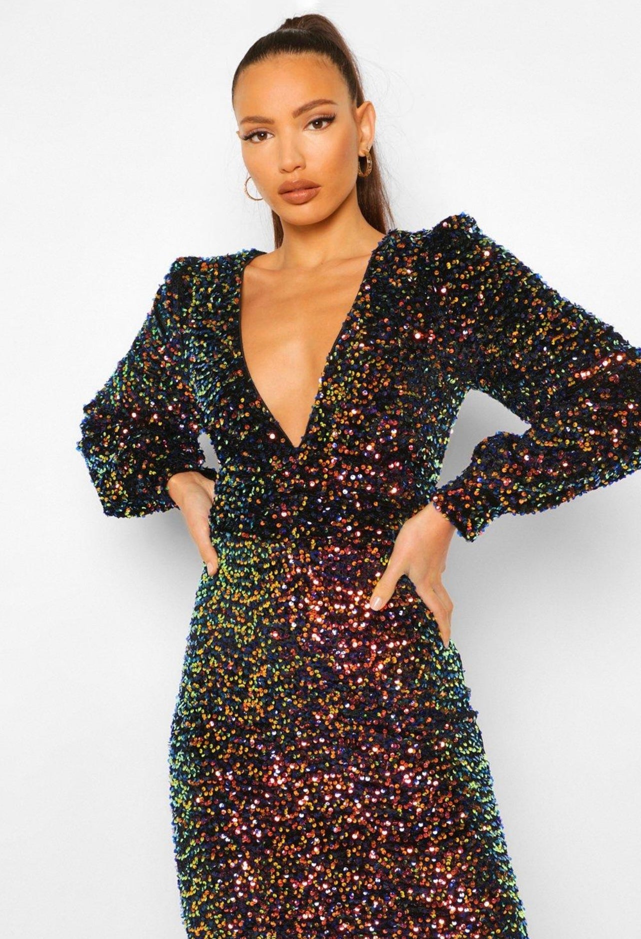 Robe paillettes mi-longue à manches ballon