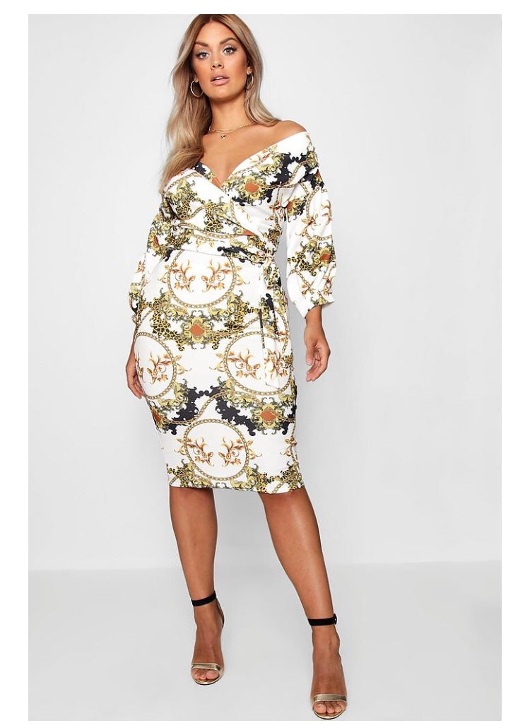 Robe midi cache-coeur épaules dénudées motif chaînes