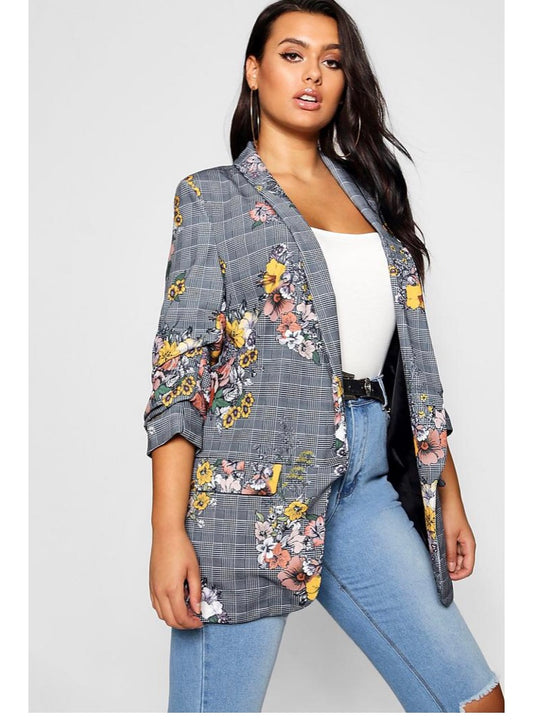 Blazer ajusté imprimé carreaux et motif floral